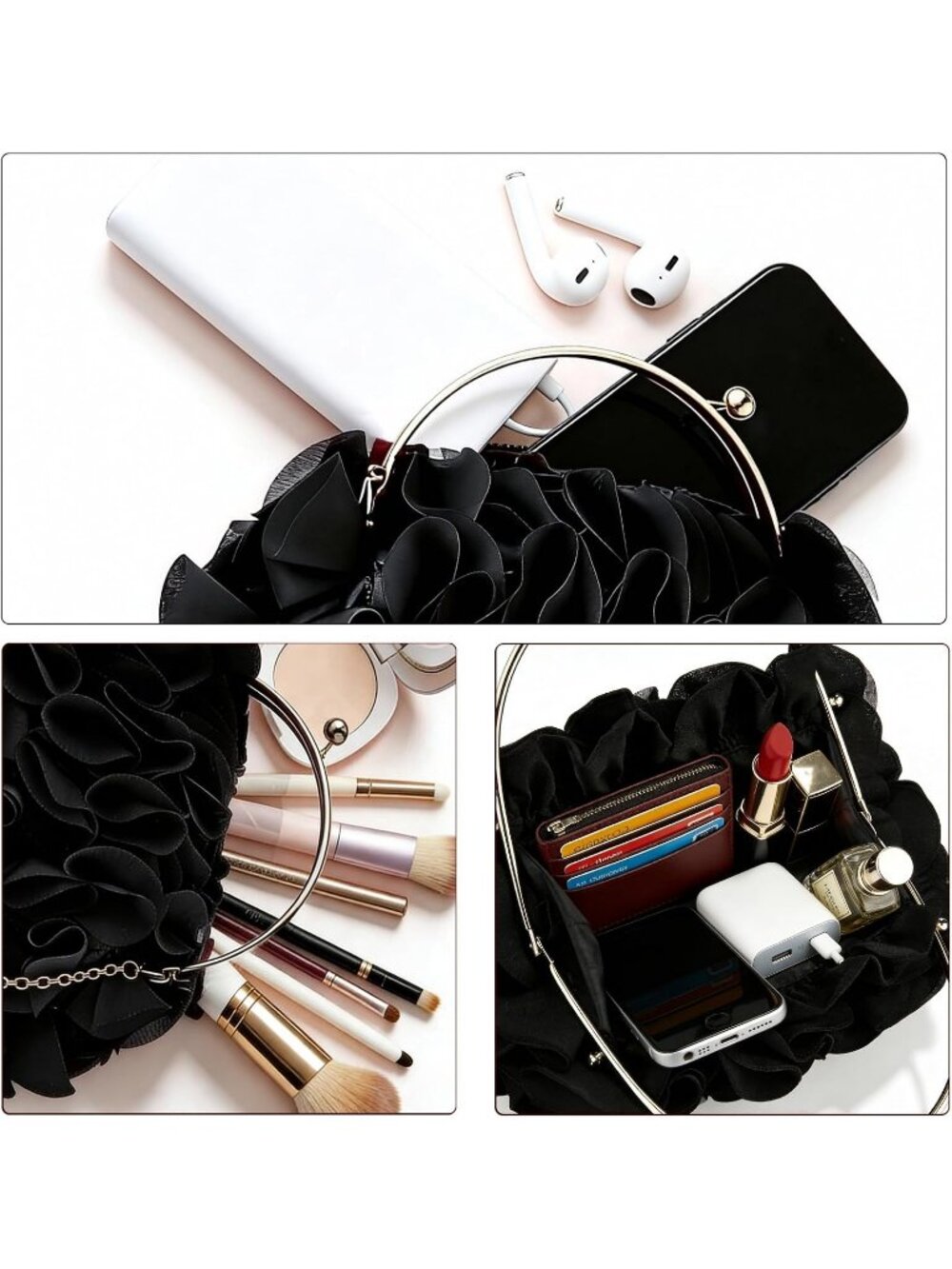 Women's Black Floral Satin Clutch Purse Chain Wedding Party Prom Evening Bag - Picture 5 of 7